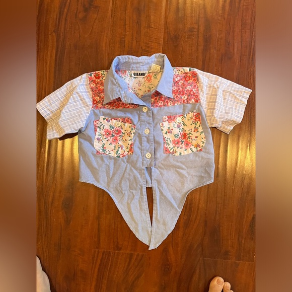 Vintage GITANO Girl's 5 Blue Pink Denim Shirt Button Down Tie Western Floral 90s - Picture 3 of 5